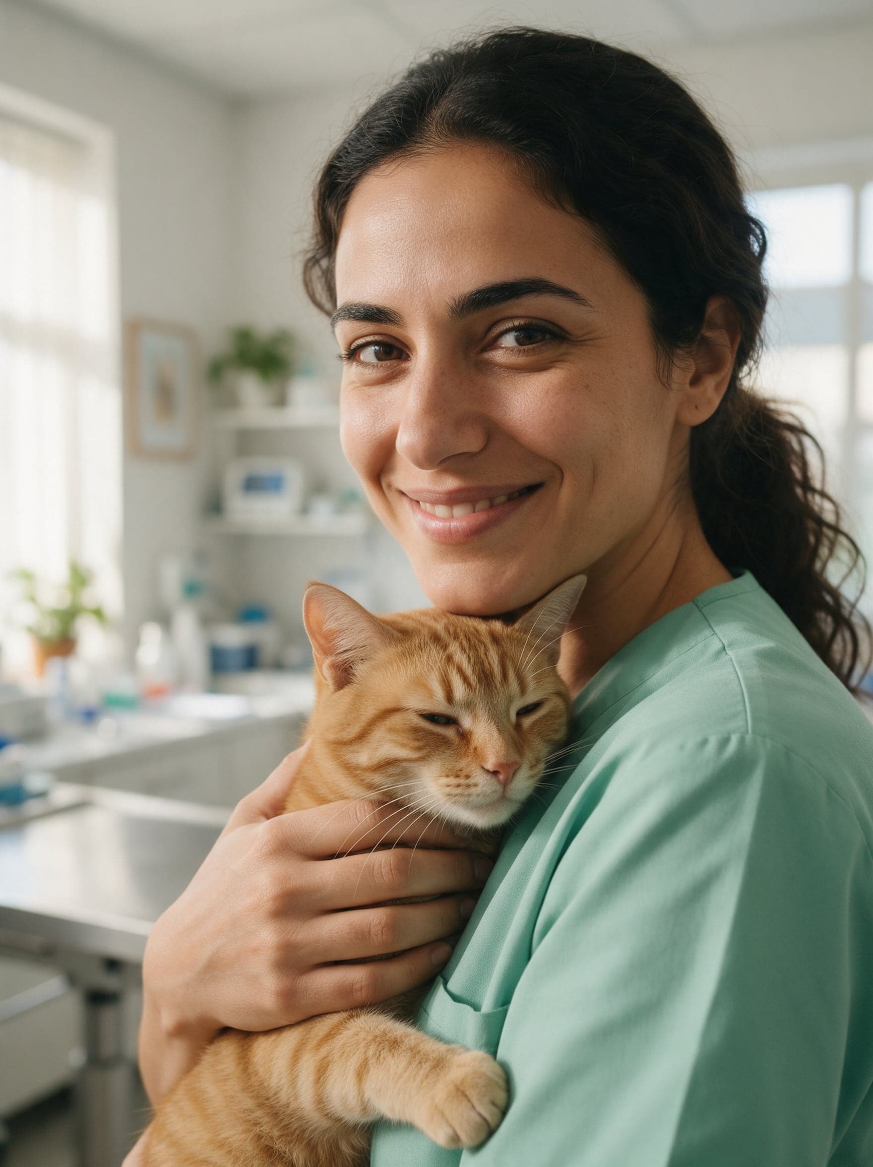 Kucağında tekir kedi tutan gülümseyen veteriner hekim