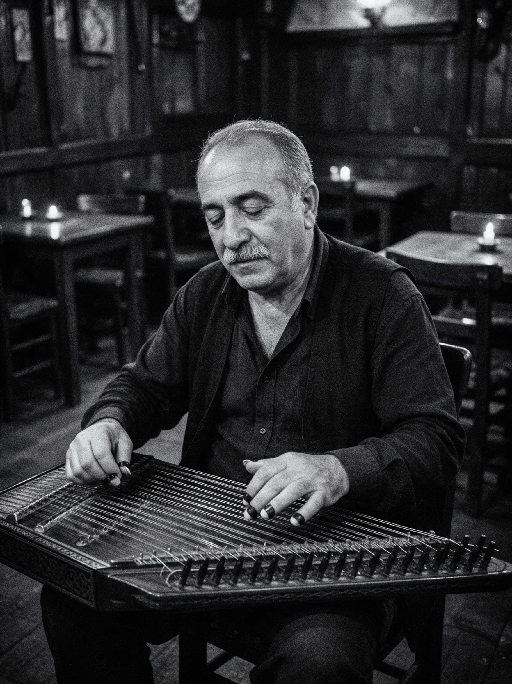 Kanun çalan Nesim Bey, siyah beyaz portre