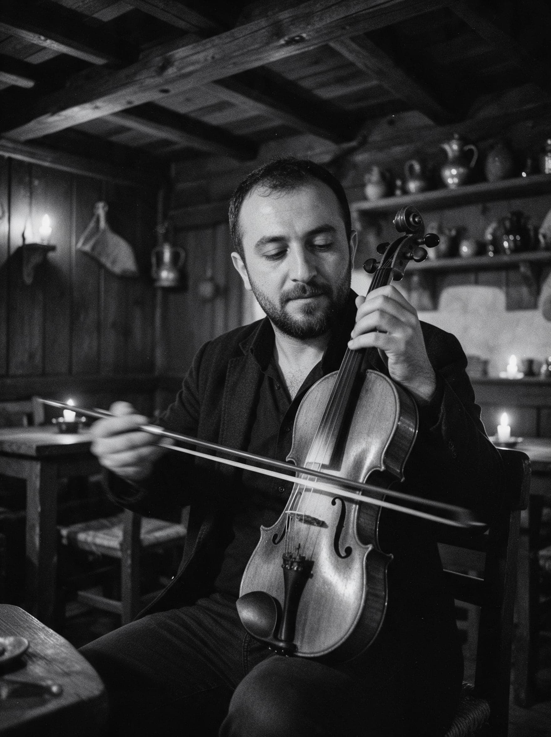 Keman çalan Arda Sezgin, siyah beyaz portre