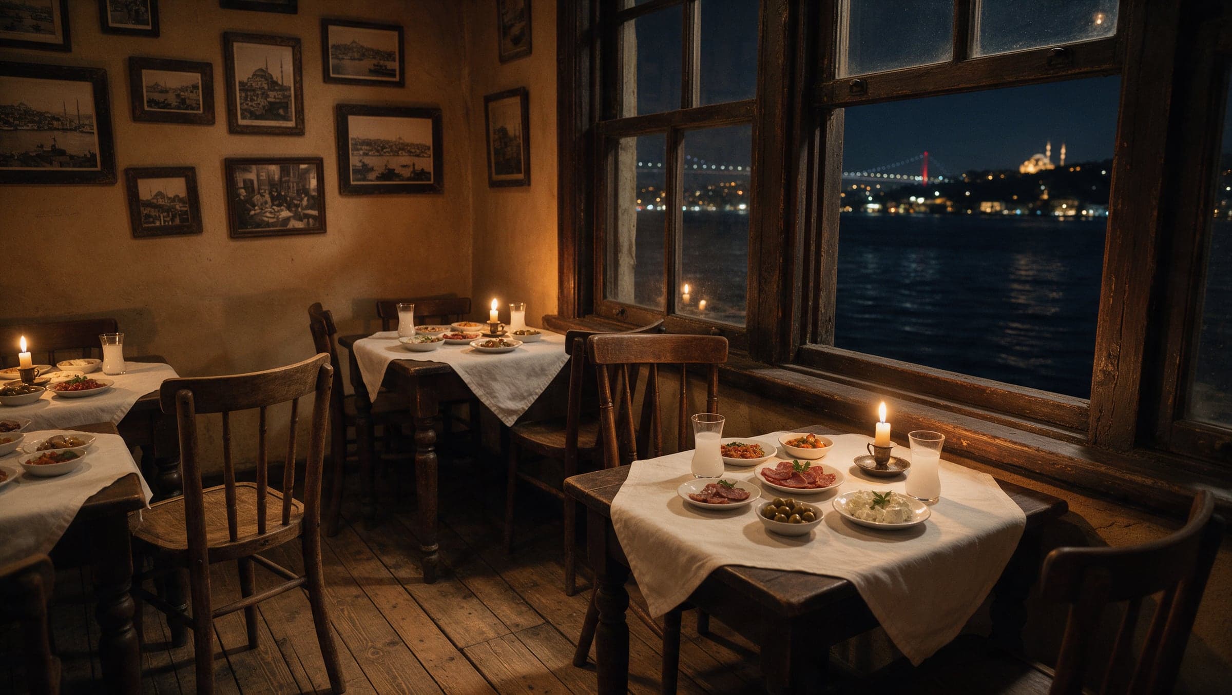 İç salon: mumlu masalar ve pencereden Boğaz