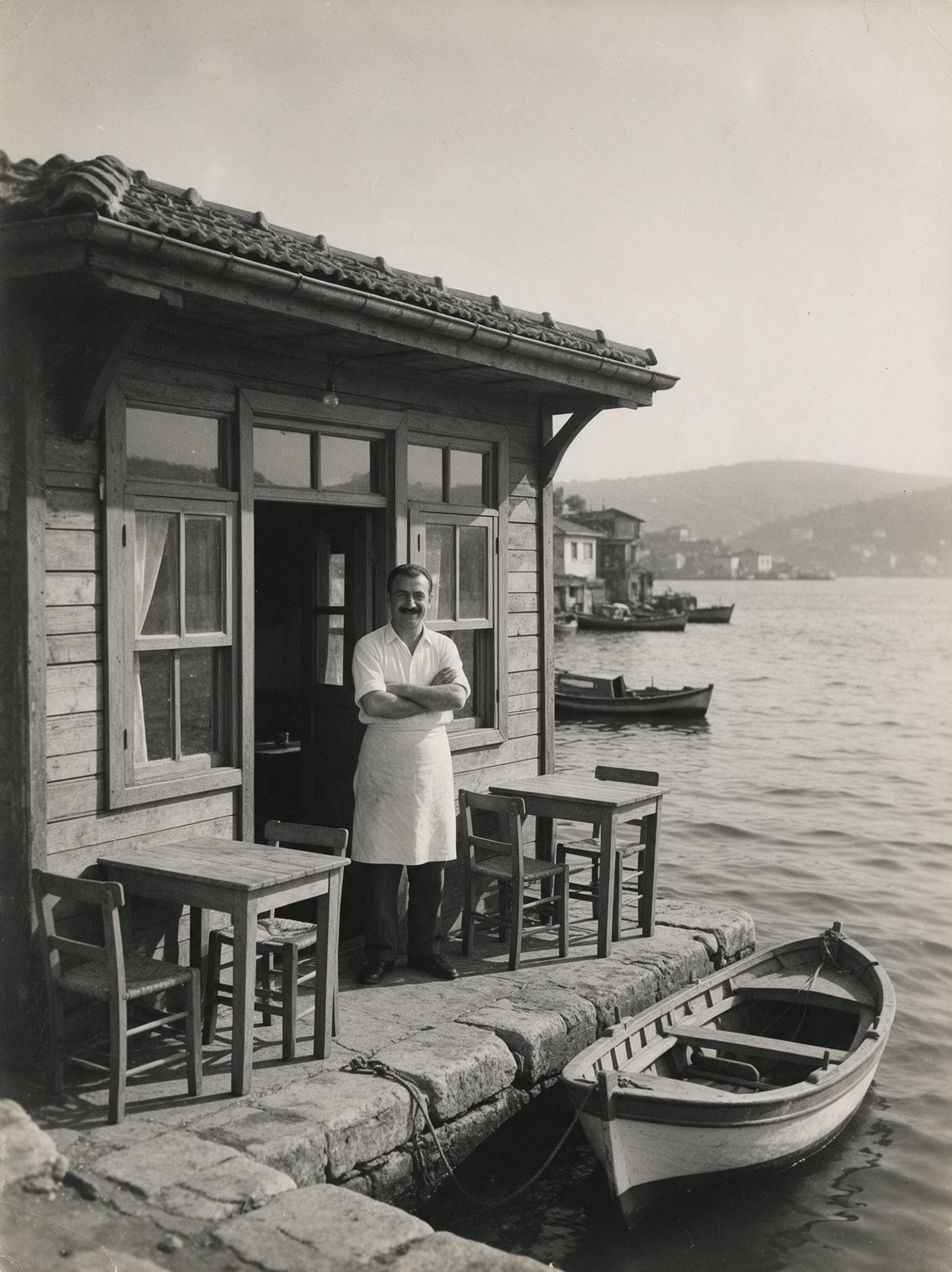1962: Hüsnü Usta ahşap meyhanenin kapısında, önünde iki masa ve bir sandal