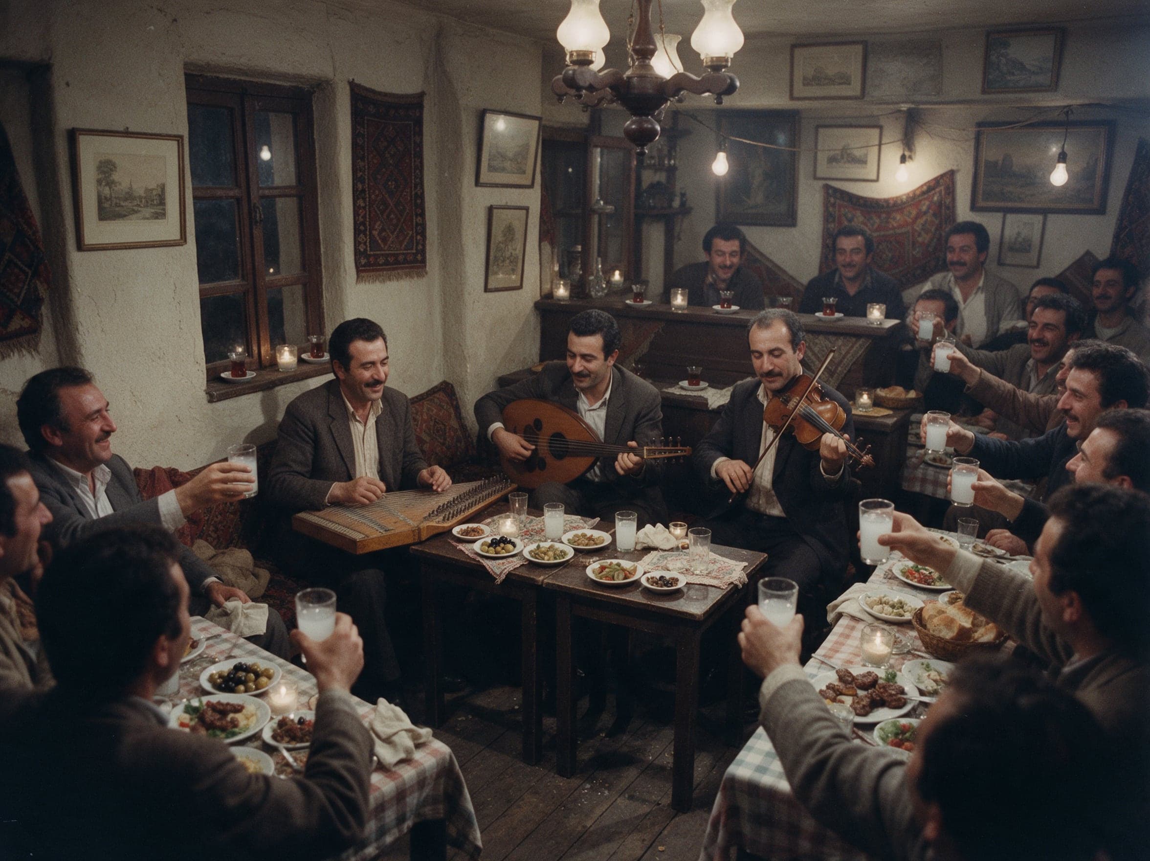 1971: küçük salonda kanun, ud ve keman; misafirler rakı kadehlerini kaldırıyor
