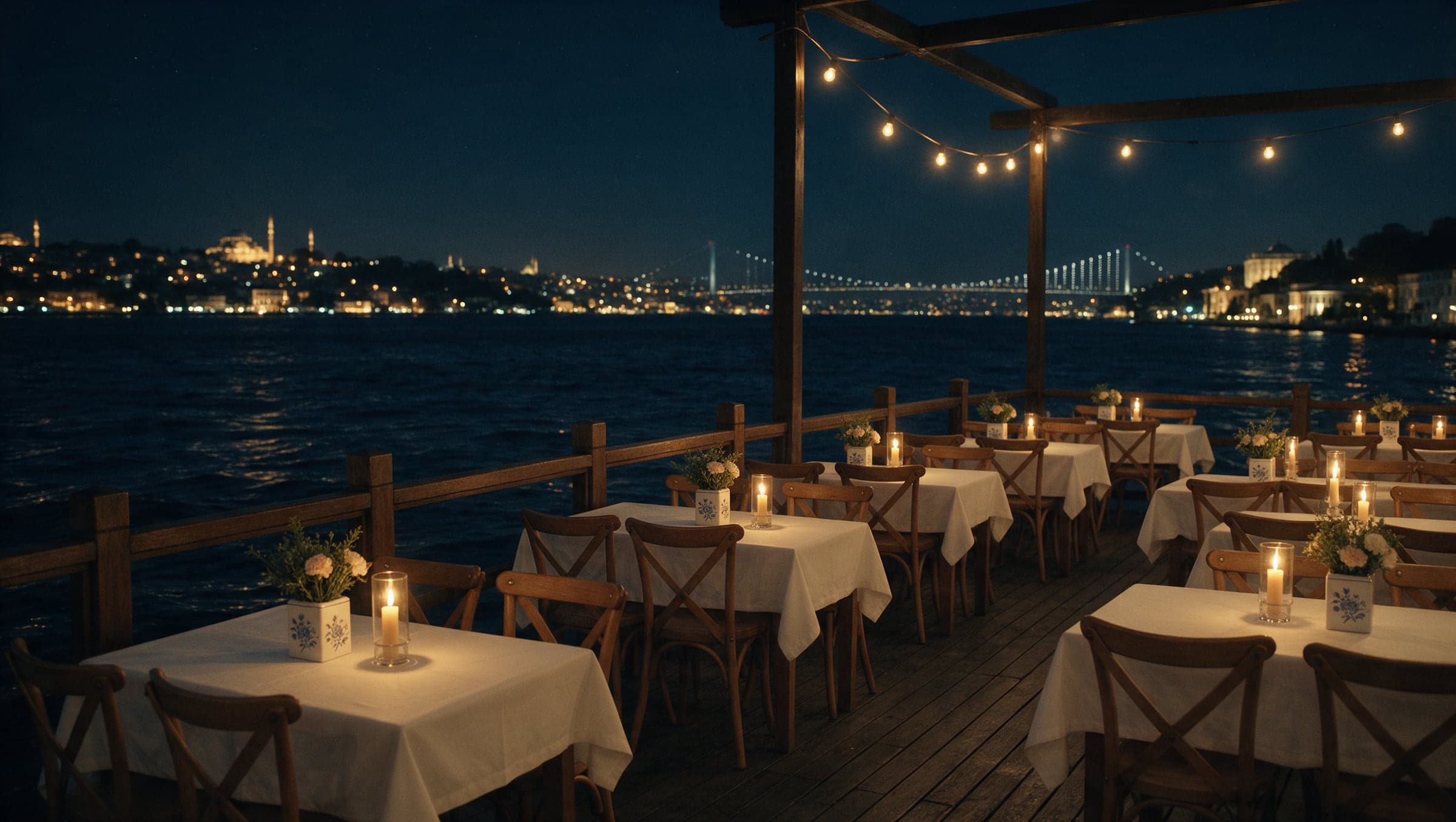 Gece, suyun üstündeki teras