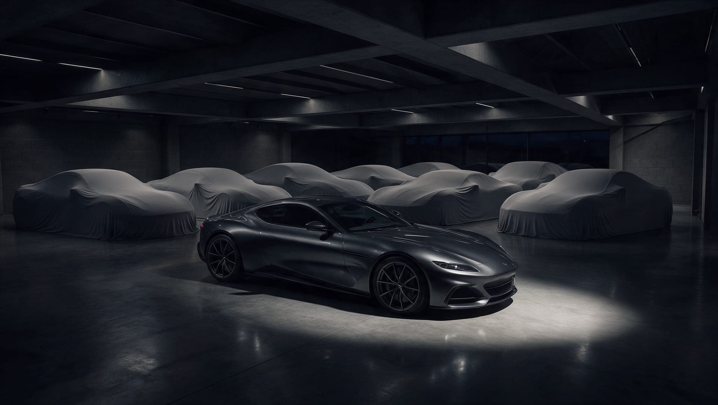 Oktan Maslak showroom’u: örtülü araçlar ve spot ışığı altında bir grand tourer