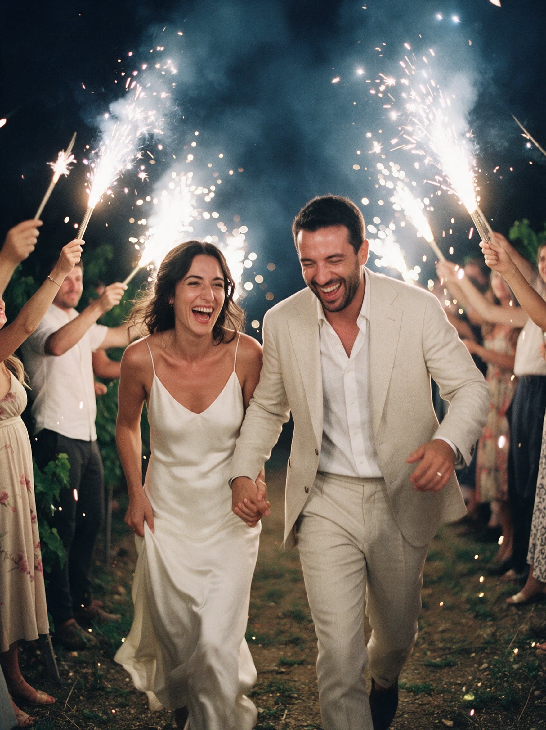 Gelin ve damat maytap tutan konukların arasından koşarak geçiyor