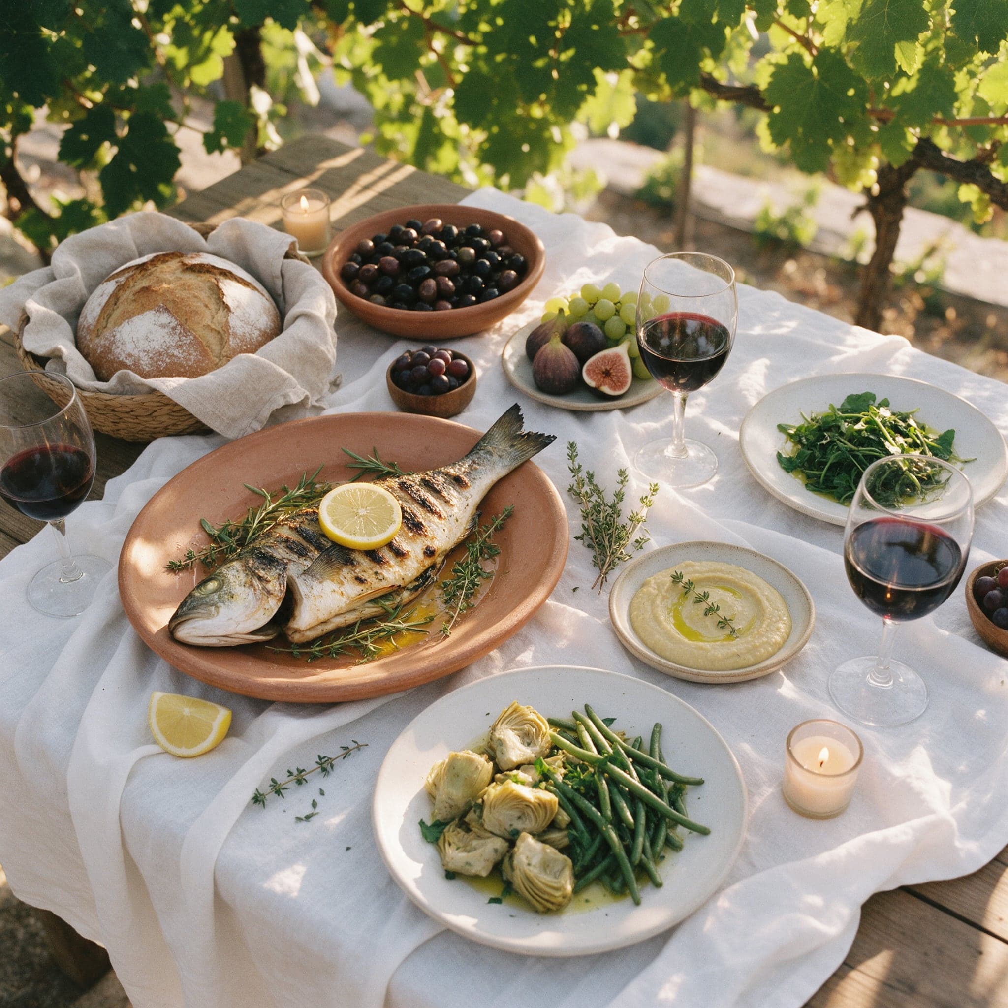 Yukarıdan Ege düğün sofrası: levrek, enginar, fava