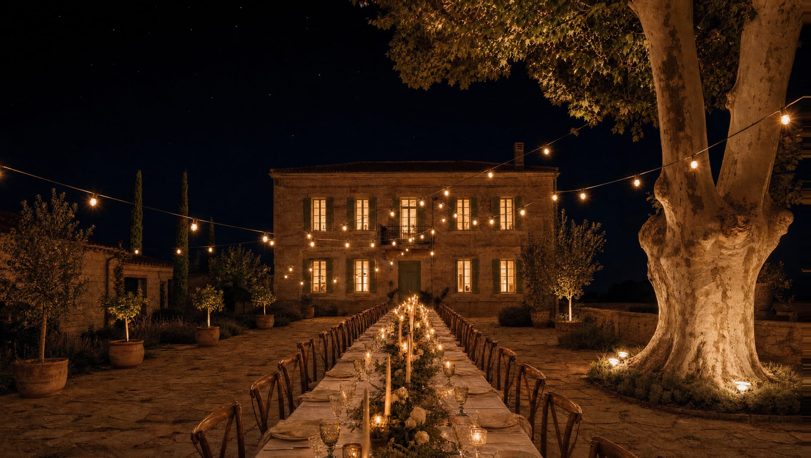 Aynı avlu gece, çınar ışıklarla aydınlanmış